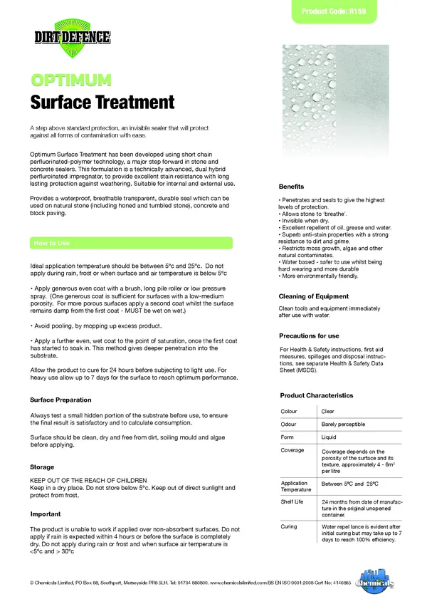 Dirt Defence Optimum Surface Treatment Datasheet PDF 